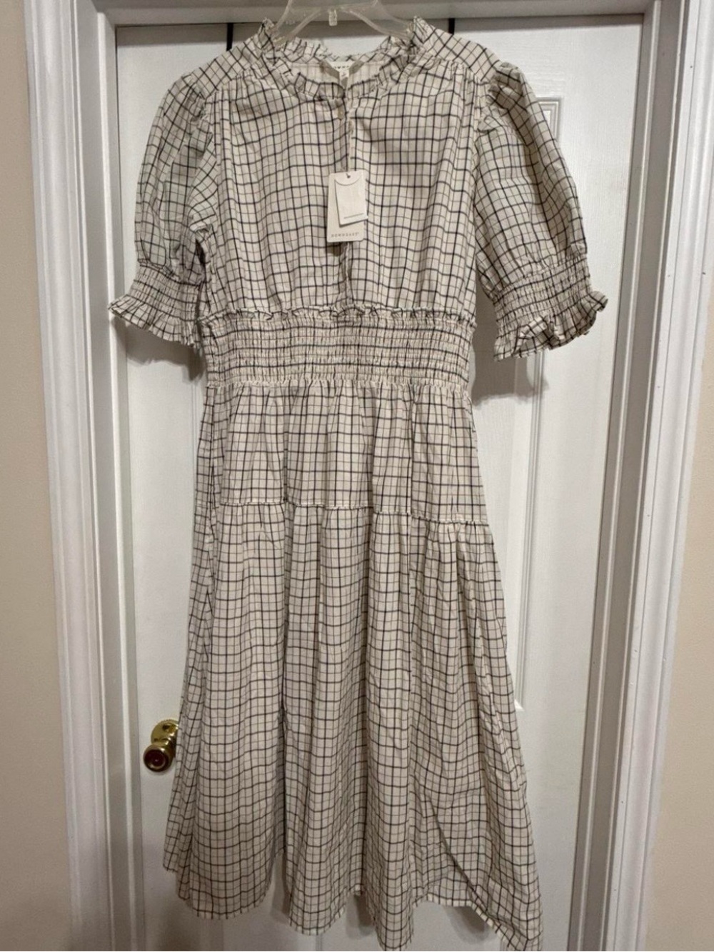 DownEast Beige and Black Windowpane Smocked Midi Dress